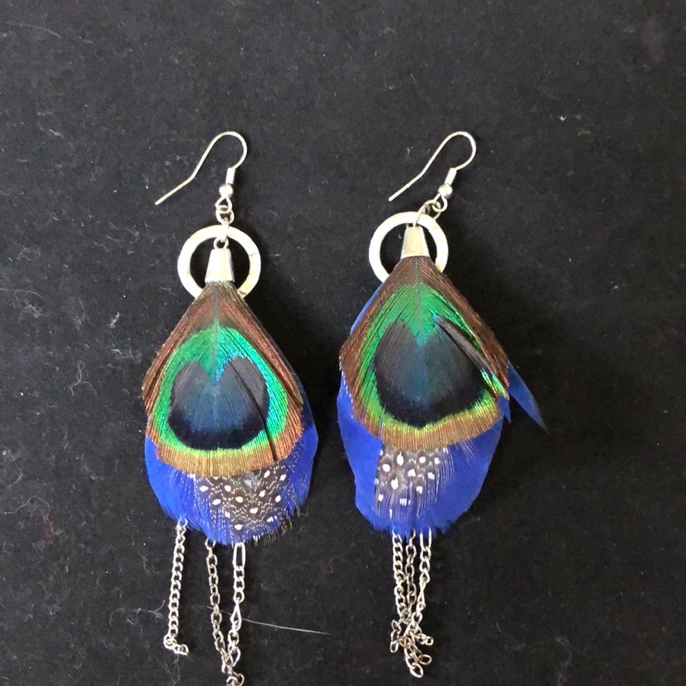 SOLD* Peacock and pheasant feather chain earrings